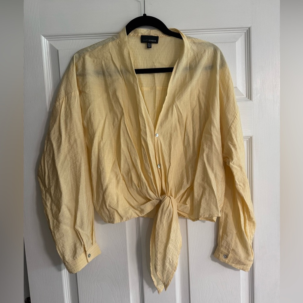 Lucy Paris Light Yellow Long Sleeve Blouse With Buttons And Tie Front Detail